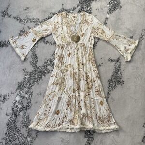 Z&L Dress Womens Size XL Brown White Print Europe V Neck Bell Sleeve Maxi